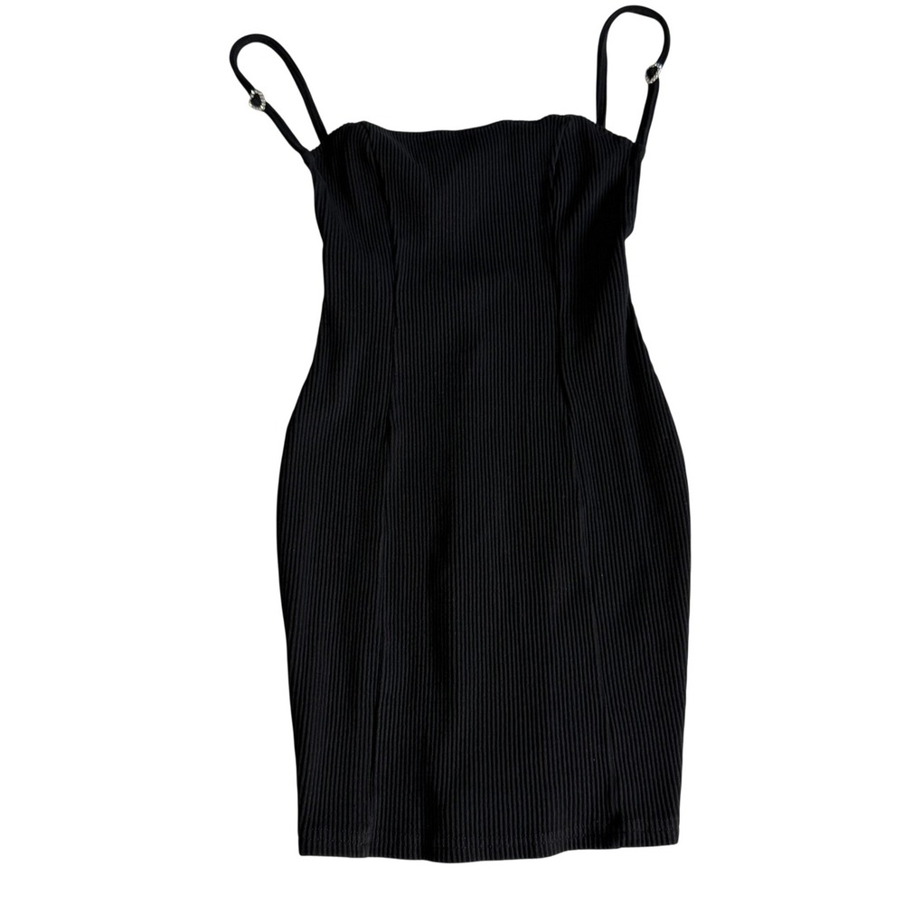 Dolls Kill New Pink Black Ribbed Bodycon Mini Dress Rhinestone Heart Strap Small